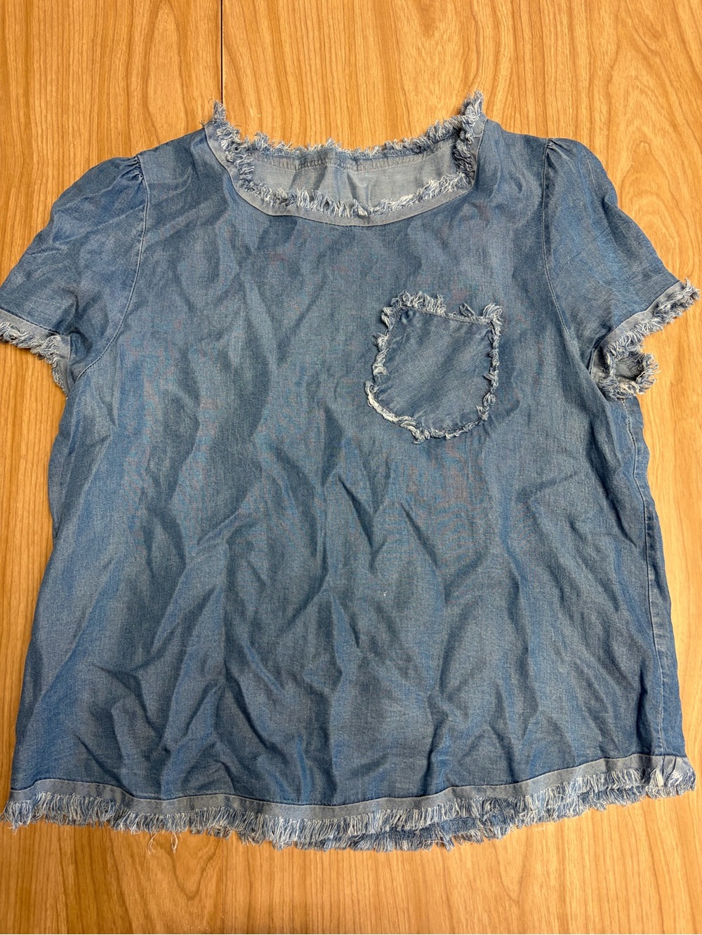 Wrangler Light Blue Frayed Denim-Style Short Sleeve Top